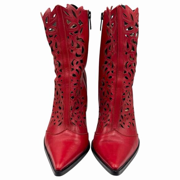 ANGELA FALCONI LASER CUT BOOTS CHERRY RED LEATHER BOHO COWGIRL SIZE 37 6.5 7 - Picture 3 of 6